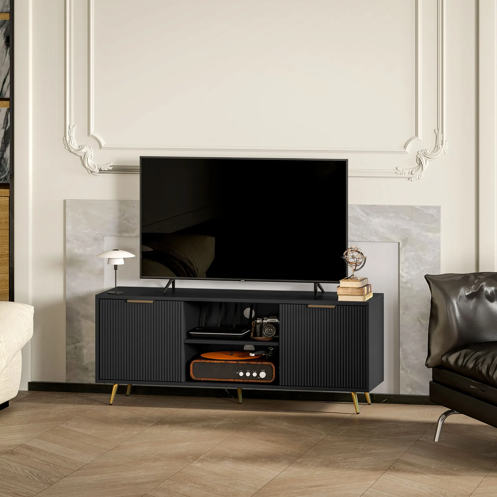HOMCOM Modern TV Stand Cabinet with Storage for Living Room, Black