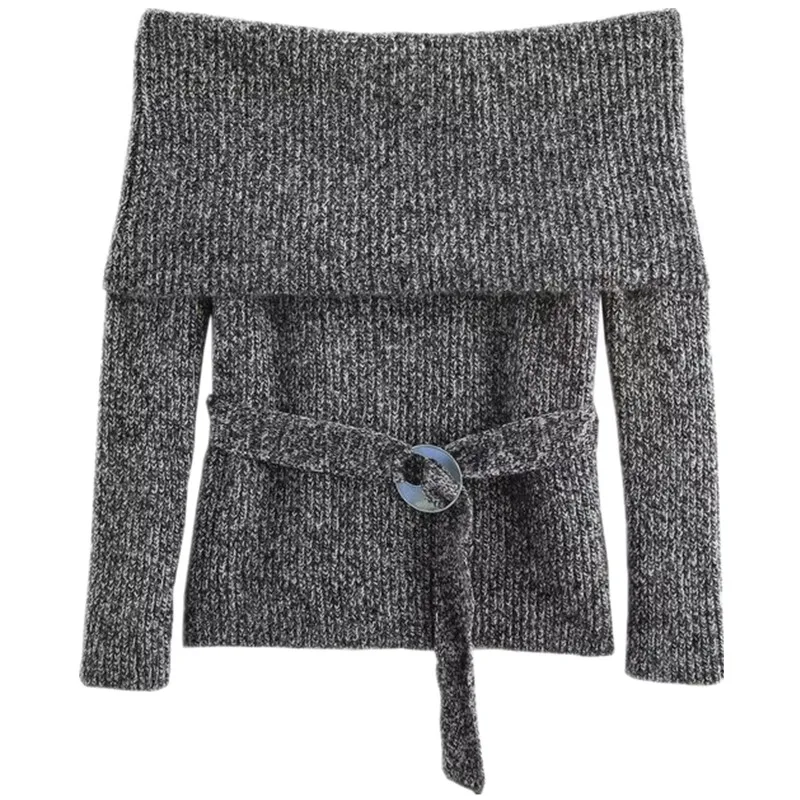 قميص نسائي جديد للخريف والشتاء بتصميم أنيق مع حزام خصر وكتف مكشوف، محبوك متعدد الاستخدامات بأكمام طويلة وتصميم بكتف واحد