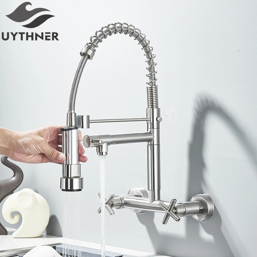 

Brushed Nickle Kitchen Faucet Hot Cold Water Faucets Wall Mounted Vessel Sink Mixer Tap Spring Pull Down Spouts Sink Mixer Crane