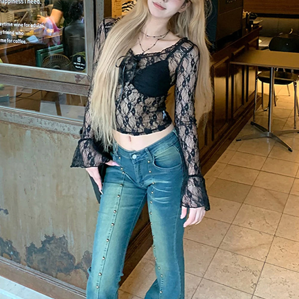 

Casual Lace See-through T-shirt Polyester Fabric Regular Length Design Solid Color Pattern Microelasticity Top