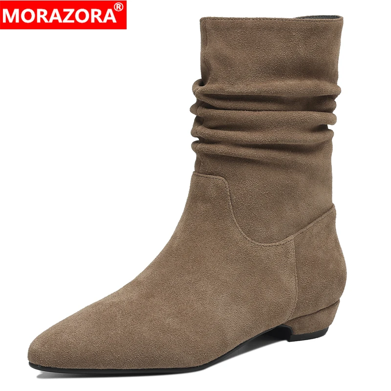 

MORAZORA INS, трендовые размеры 34–43, новые ботильоны из коровьей замши, плиссированные модные осенне-зимние ботинки на низком каблуке, женская обувь