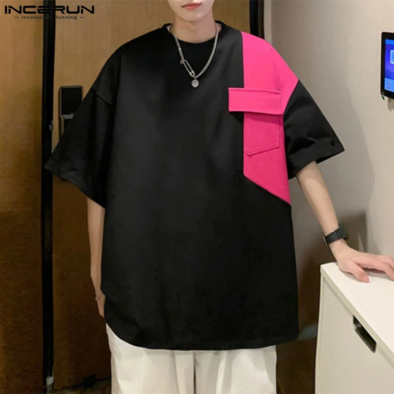 INCERUN Men T Shirt Patchwork O-neck Short Sleeve Loose Korean Style Men Clothing Streetwear 2024 Summer Fashion Casual Tee Tops