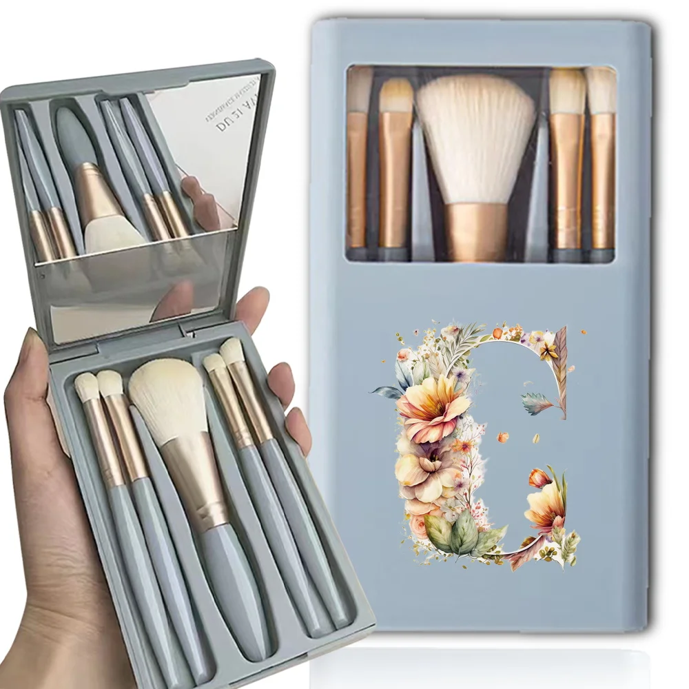 5Pcs Portable Makeup Brushes Set  Box With Mirror Multifunctional Organizer Cosmetic Brush Kit Beauty Tool Floral Letter Pattern