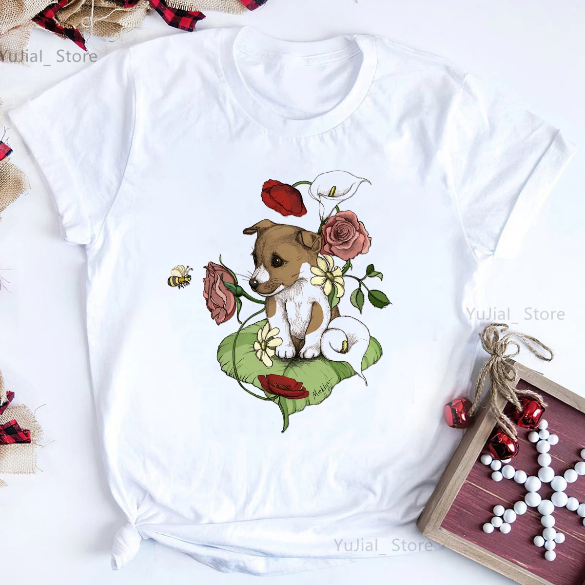 Funny Heart Love Jack Russell Terrier Print T Shirt Girls Puppy Bouquet Tshirt Women Harajuku Kawaii Clothes Dog Pet T-Shirt