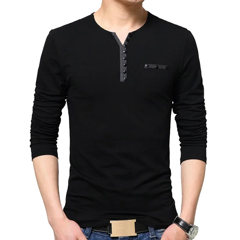 TFETTERS Autumn Casual T Shirt Men Henry Collar Solid Color Slim Fit Long Sleeve T Shirt Cotton Plus Sizes M-5XL Tops&tees