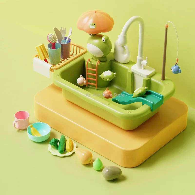 Kids Kitchen Sink Toys Electric Dishwasher Playing Toy With Running Water Pretend Play Food Fishing Toy Role Playing Girls Gift