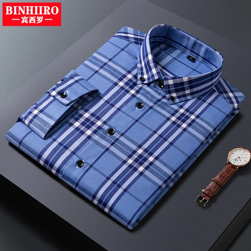 

BINHIIRO Fashion Men's Standard-Fit Seventh Sleeve Casual Shirt Summer New Lapel Collar Comfortable Classic Business Plaid Shirt