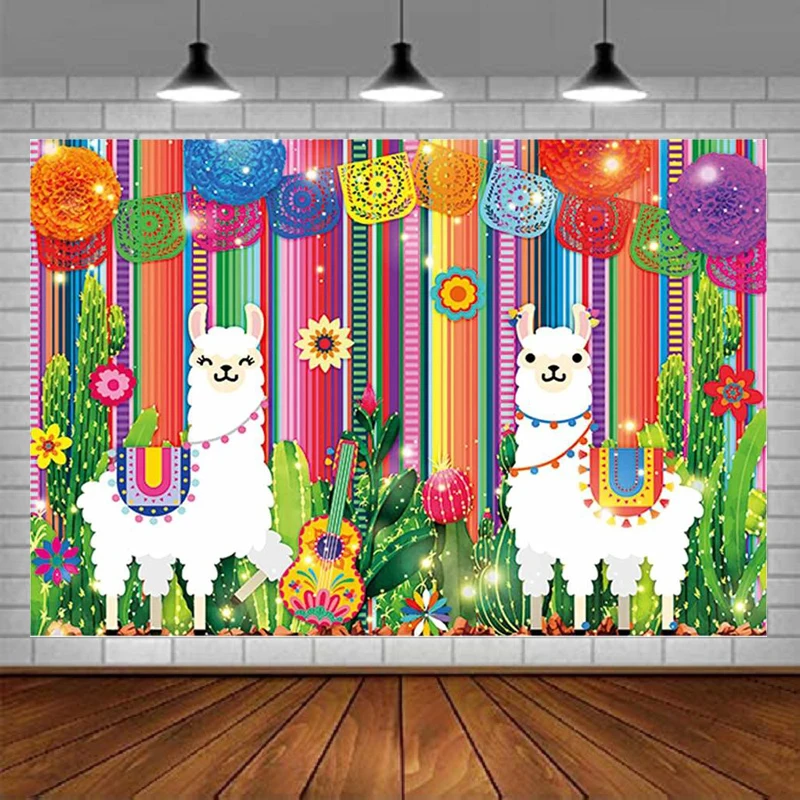 Fondo fotográfico De Llama para Fiesta De cumpleaños, suministros De Fiesta De Cactus, Cinco De Mayo, México, fondo colorido, Decoración De mesa De pastel