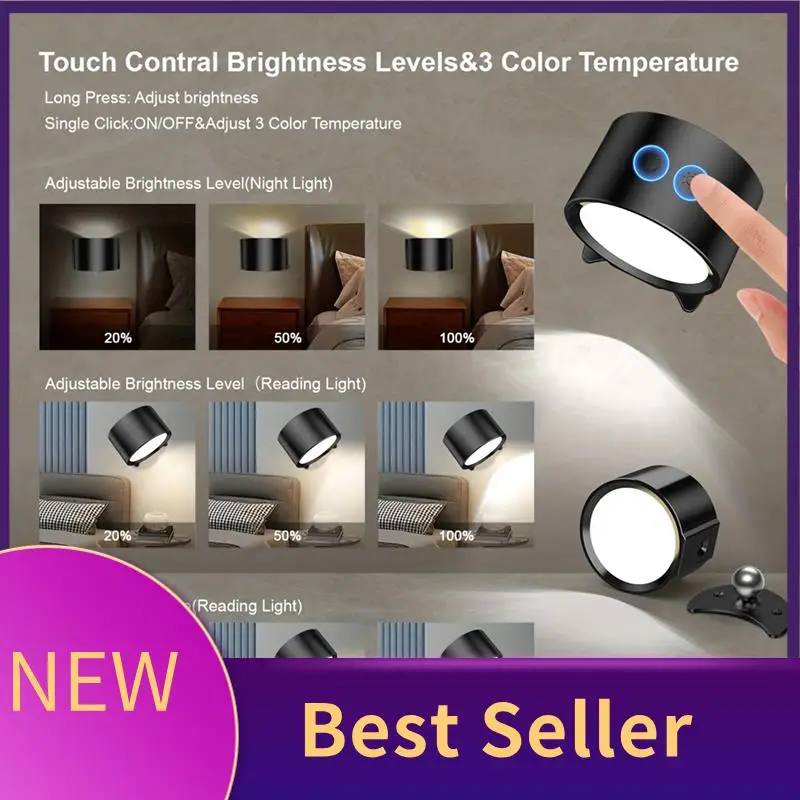 ABLU-LED Wall Sconces Light - Touch Control, Double Head, 360° Rotatable, 3 Color Modes, Wireless Night Lights For Bedroom