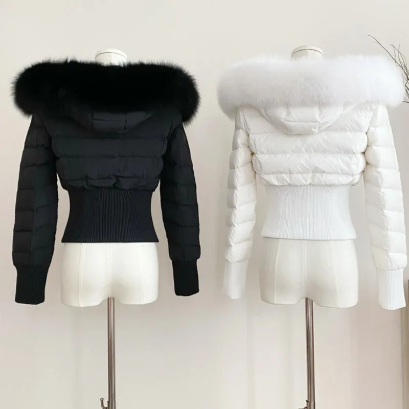 Winter Real Fox Fur Women Down Parka Hooded Short Coats Warm Puffer Jacket Female Fashion Slim Outdoor Y2k Cotton Padded Outwear