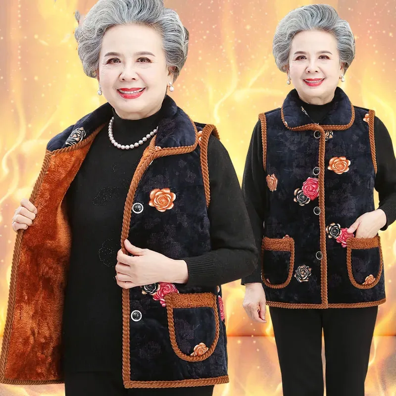 XL-6XL Elderly Women Vest Coat Winter Warm Sleeveless Jacket Female Button Fleece Waistcoat Grandma Thicken Cotton Padded Vests