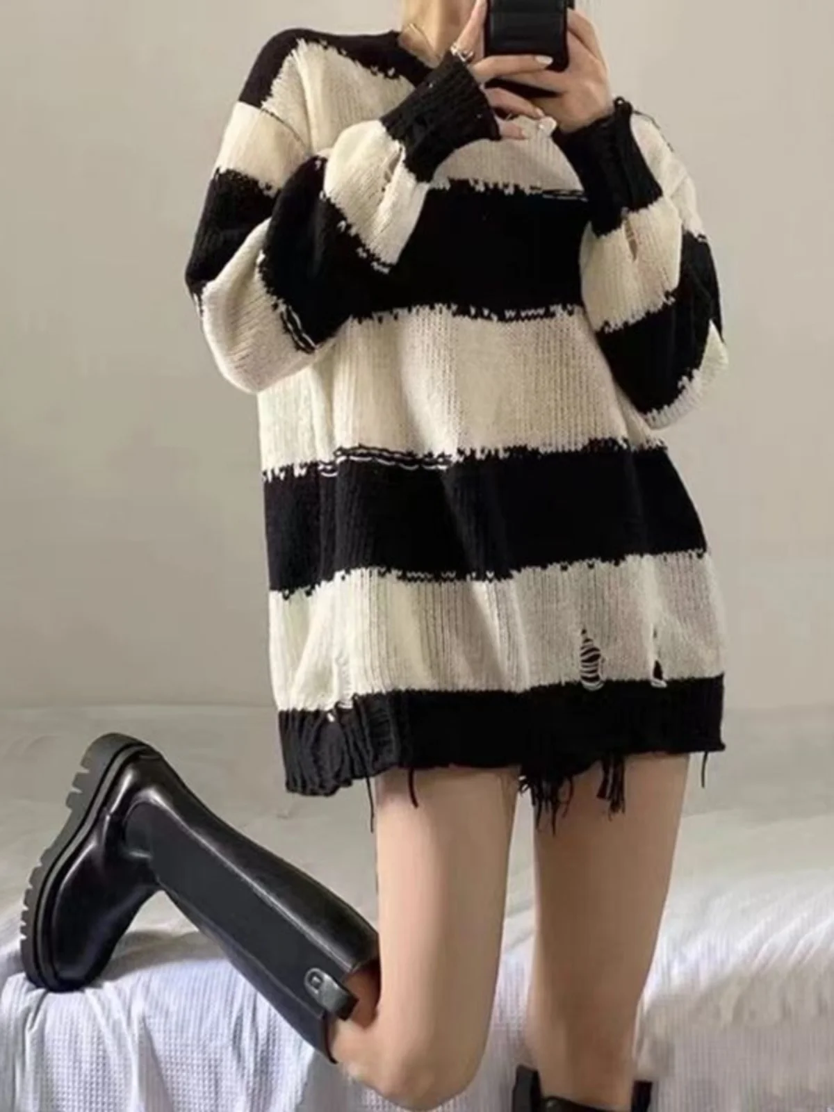 

Women's Loose Long Sve Striped Sweater Autumn Winter Spring Street Sle Casual Korean Version Outerwear Chic Top