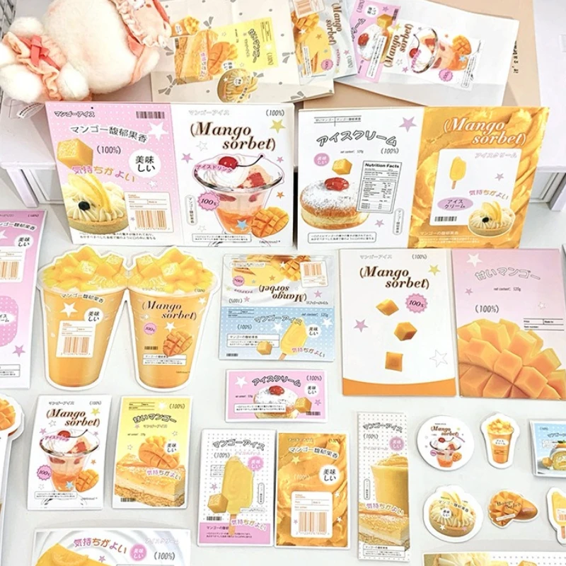105pcs Mango Ice Cream Scrapbook Kit Laminated Sealing Stickers Foldable Tags DIY Packaging Decor for Journals Goodie Bags