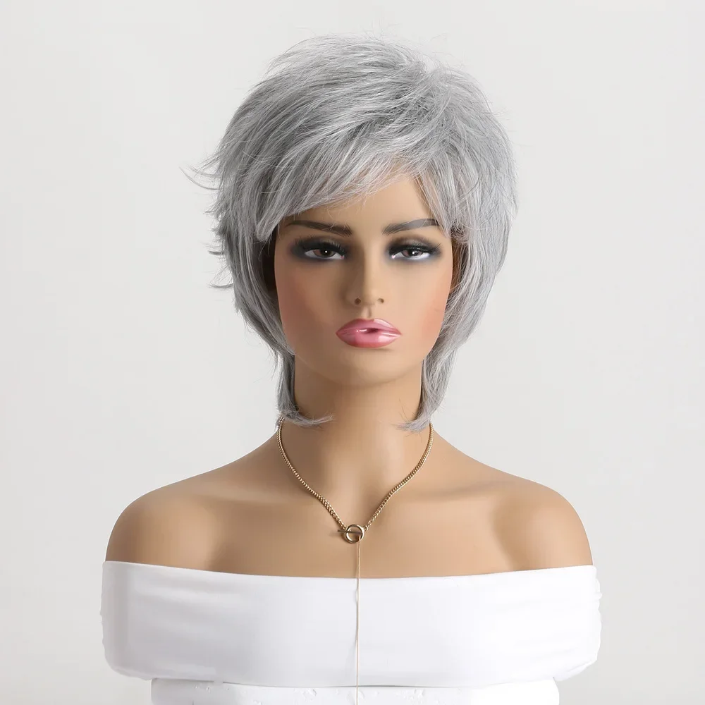 Short Mullet Head Wigs with Bangs Synthetic Curly Gray Hair Wig for Woman Daily Party Cosplay