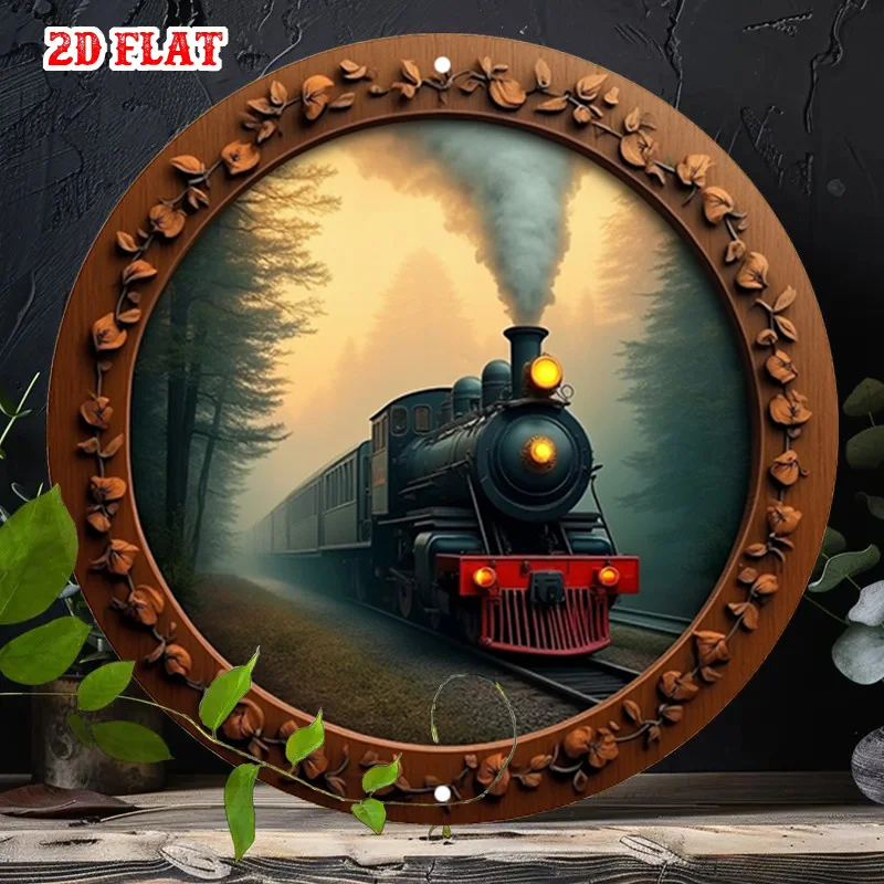 2D Flat, 2D Flat 1pc Steam Locomotive Round Decor,Railway Journey Round Plaque,Train Bits Holiday Decorative Plaques,Vintage Sce
