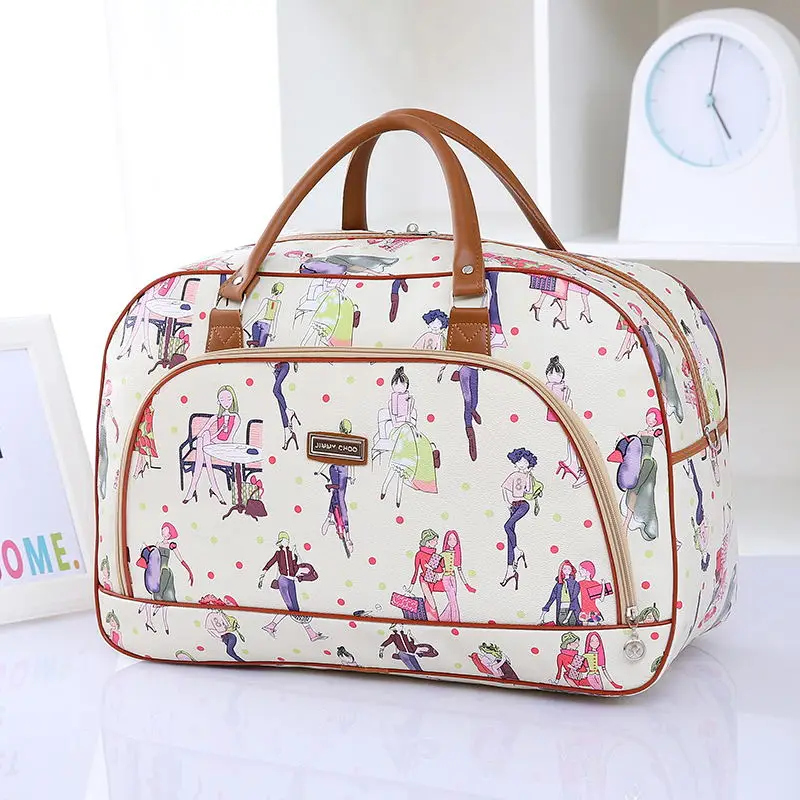 New Women's Travel Bag Large Capacity Handheld PU Leather Short Trip Bag Business Travel Bag Korean Style Floral Print Polyes...