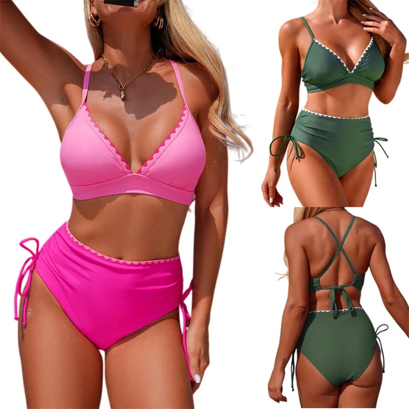 

Купальник-бикини женский из двух частей, 2026, с завышенной талией, на завязках, с V-образным вырезом на спине, с эффектом утягивания живота