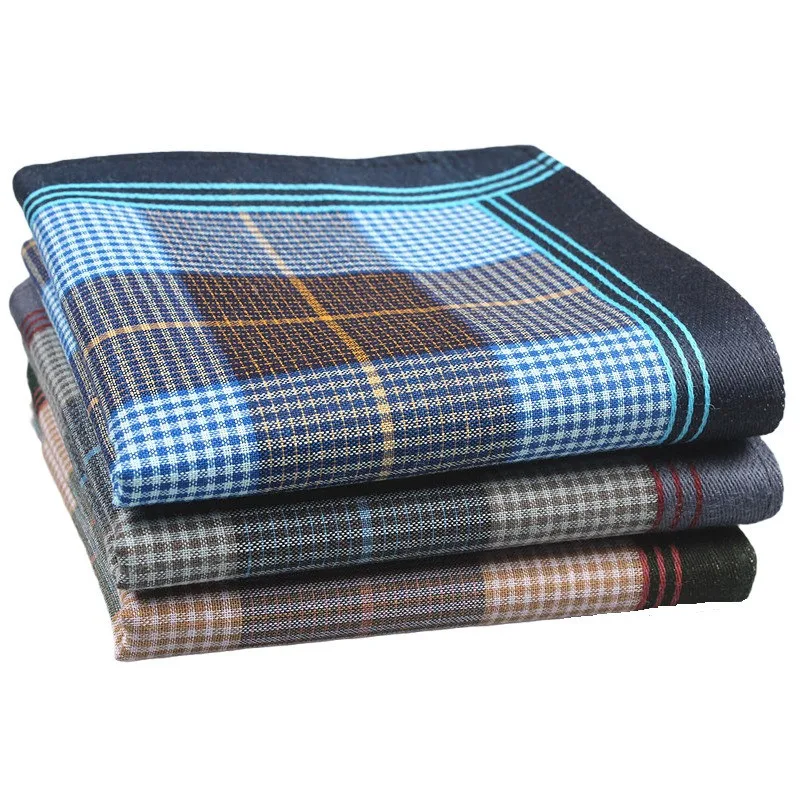 3Pcs 40x40cm 100% Cotton Vintage Dark Color Plaid Checkered Printed Mens Handkerchiefs Pocket Squares For Suit Jacket