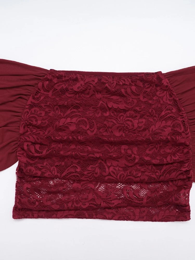 SsTss doorzichtige 2-delige set voor dames, sexy crop top met opstaande kraag, lange mouwen en gewikkelde lintrok, magere kanten outfits