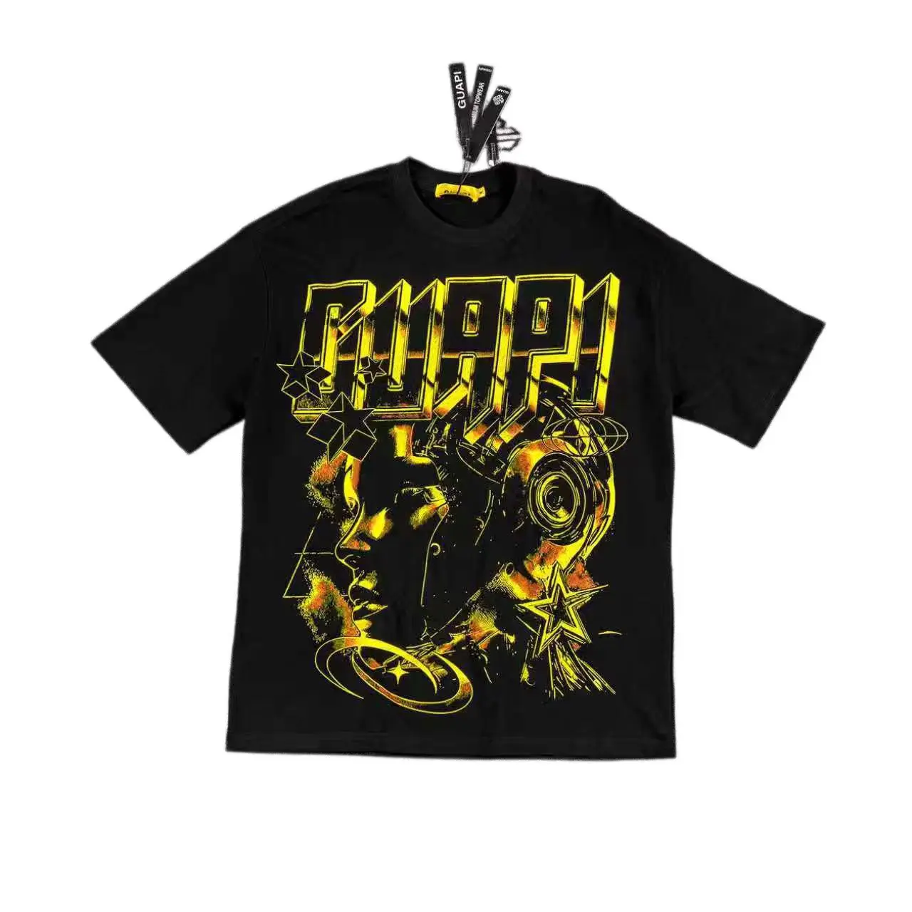 Guapi Retro Cyber Human Portrait Short Sleeve Golden Contrast Retro Heavy Wash T-Shirt