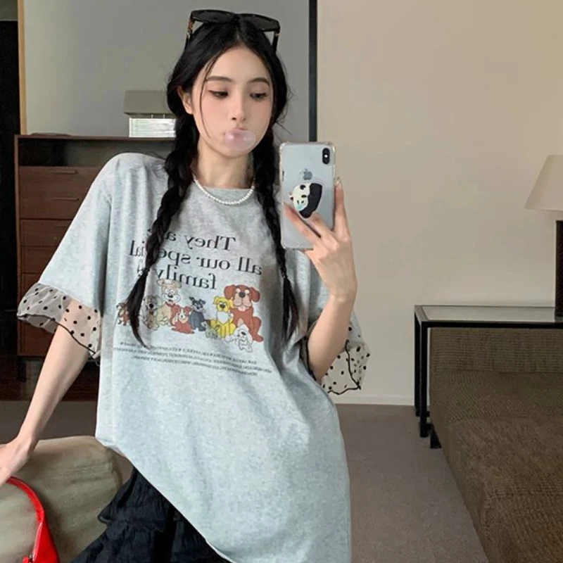 Retro Cartoon Graphic Print Gray Short-sleeved T-shirt Women Summer Loose Lace Splicing Korean Version Crew Neck Versatile Top