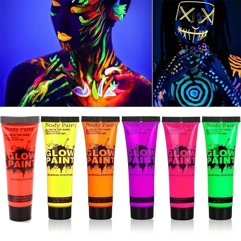 6PCS 10ml Fluorescent Paint Glow in The Dark Light Body Paint Face Painting for Party Halloween Event Makeup Club Makeup Xmas Gl
