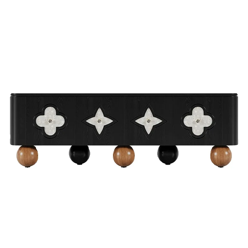 

French Clover Shell Black Solid Wood Locker Vintage Wind Round Foot Floor Cabinet Living Room