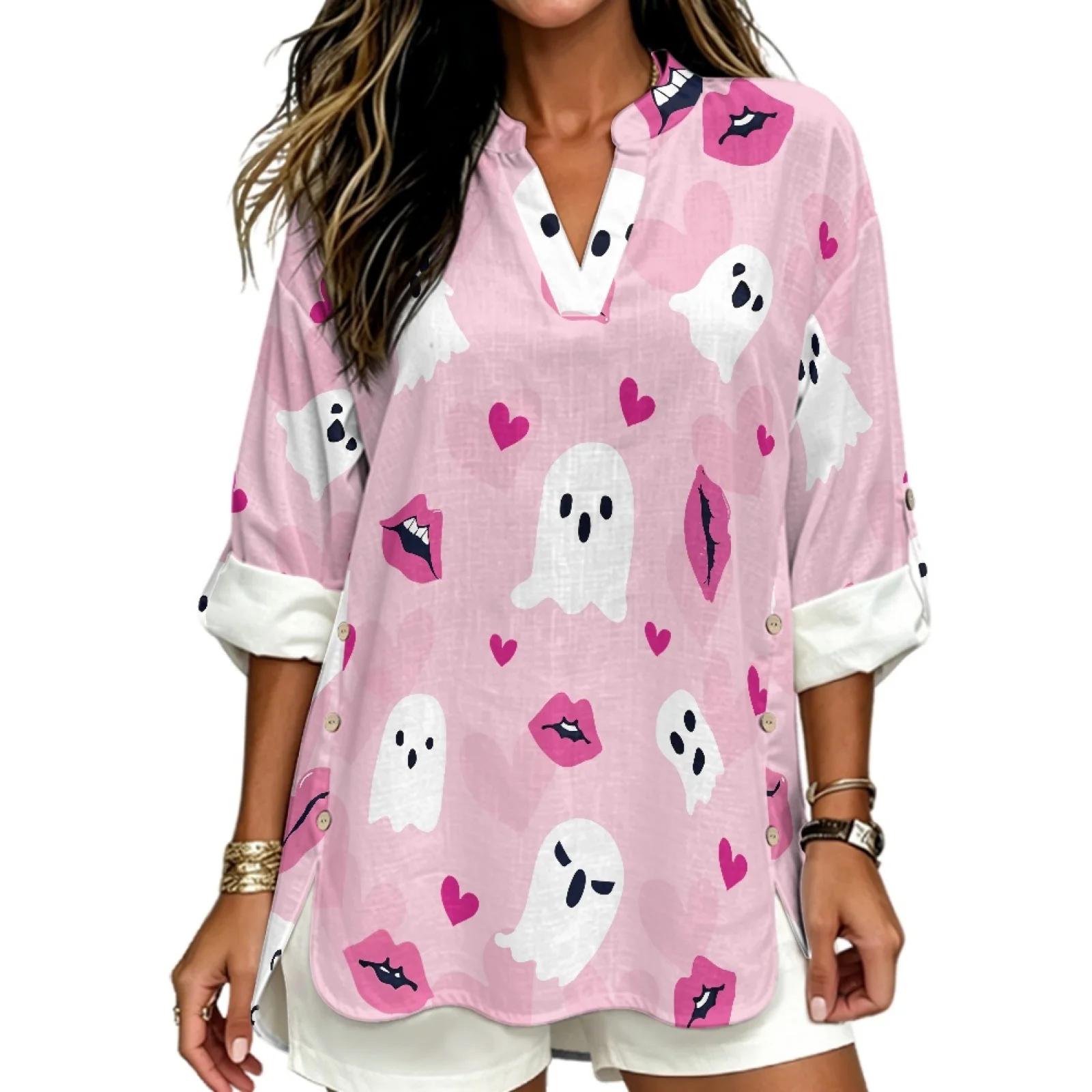 PENSTROLL Ghost Lips Print Casual Fit Tunic Top for Beach Walks Linen Like Tunic Blouses Sizes S-5XL