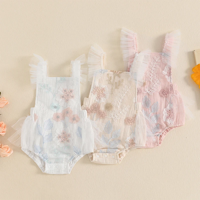 

0-18M Infant Baby Girl Cute Summer Romper Sleeveless Elastic Waistband Floral Embroidery Bodysuit Newborn Jumpsuits