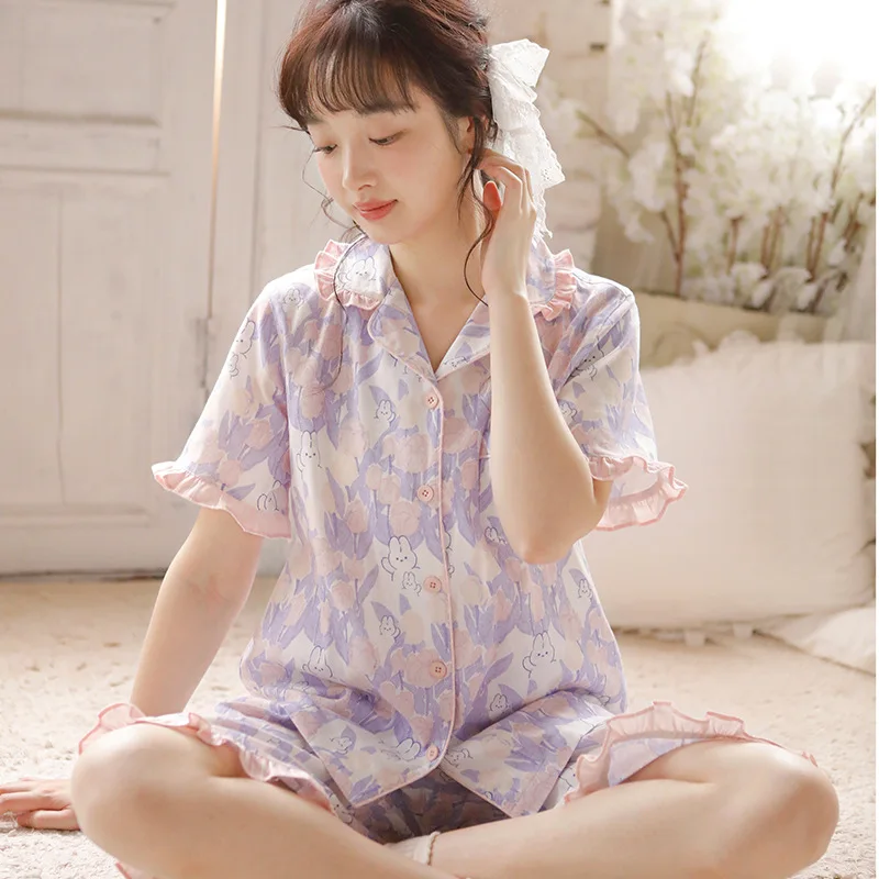 

New Sweet Soft Cotton Shorts Pajamas Sets For Women Loose Delicate Embrodiery Girls Spring Summer Sleepwear Suits Home Clothes