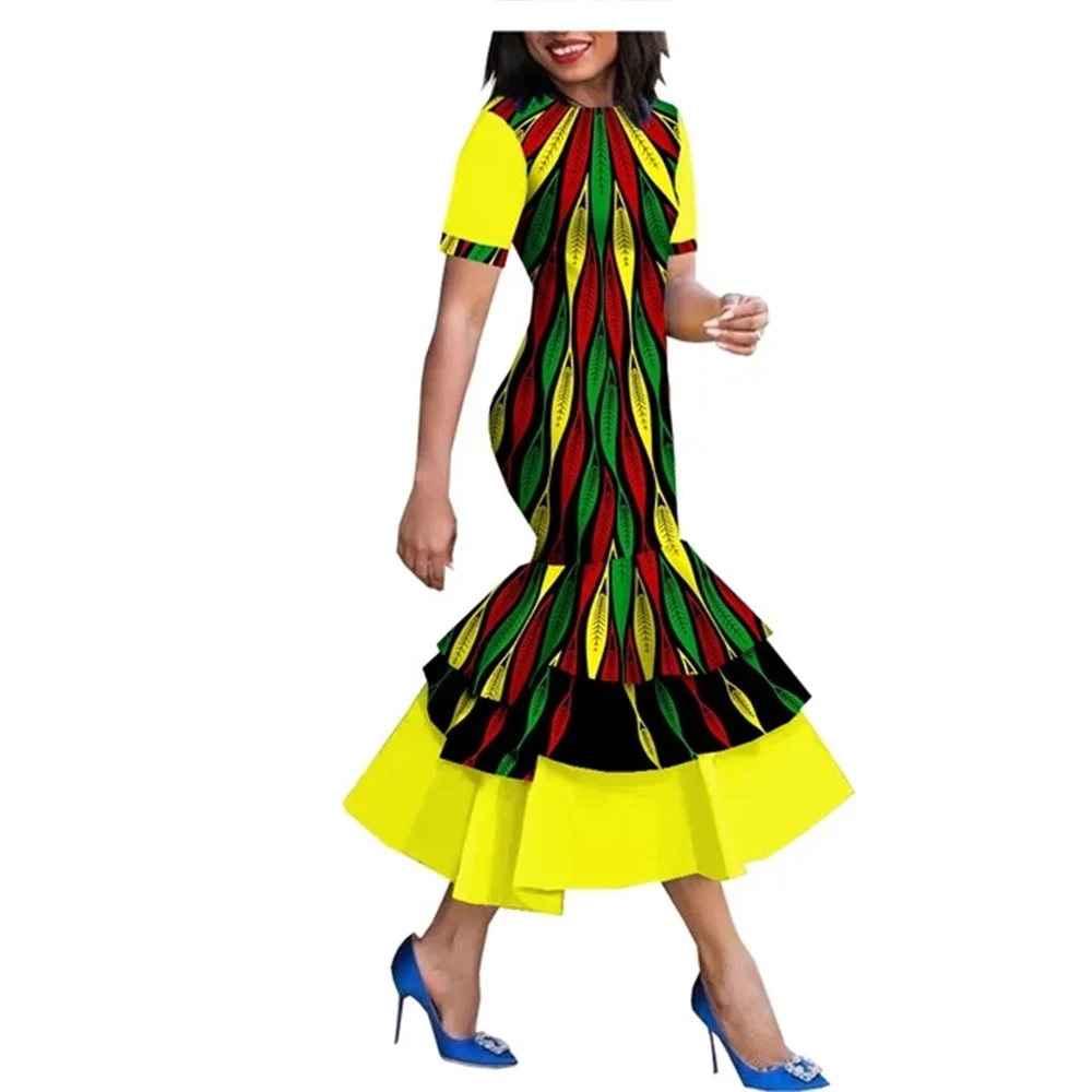 African Style Dashiki Women's Dress Ankara Printed Short Sleeves Mid-Calf Length Women Party Dress Wedding Outfits Trumpet Dress