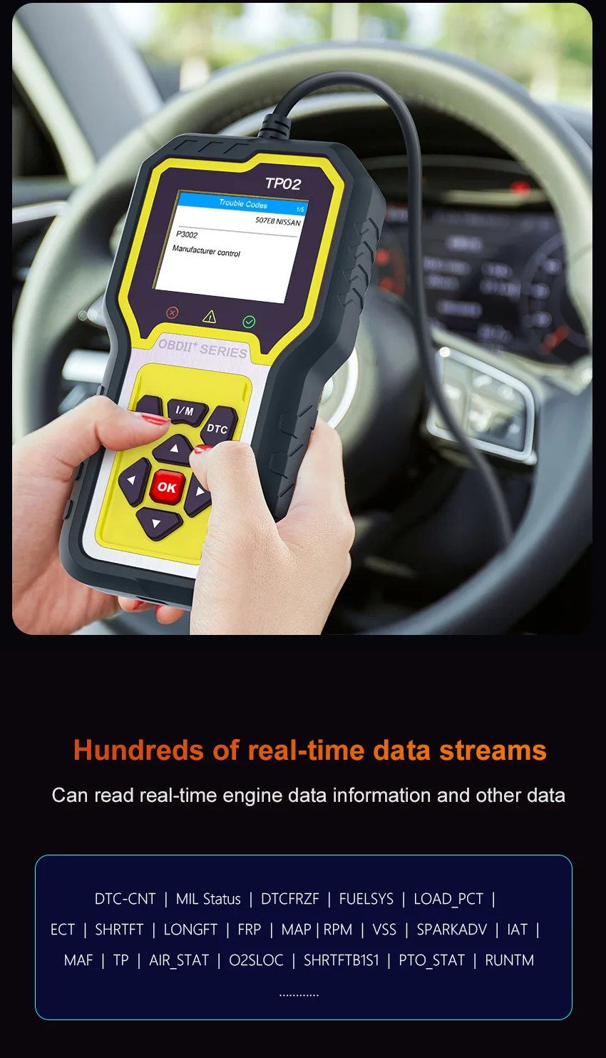 

Brand New Multi-Function OBD Car Scanner Analyzer TP02 English Code Reader Auto Fault Detector with Power Cord Diagnostic Tools