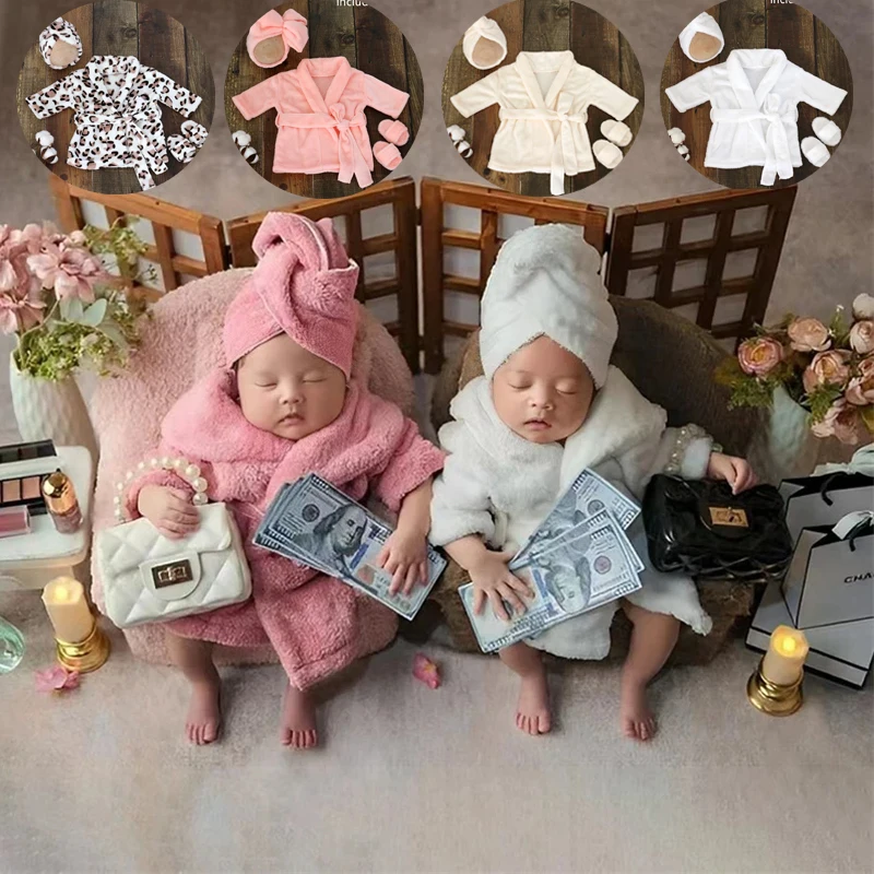 

Newborn Baby Bathrobe Photo Shoot Clothing Soft Fleece Robe Headscarf Shoes Outfits Infant Boy Girl Costume Towel Sets Leopard