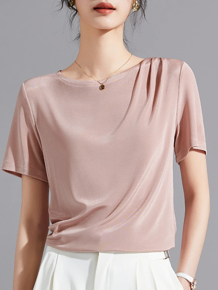 

2024 Summer New Women's Wear Japan Triacetic Acid Heavyweight Basic Elegant Soft Silk Smooth Short Sleeved T-shirt (M-3XL)