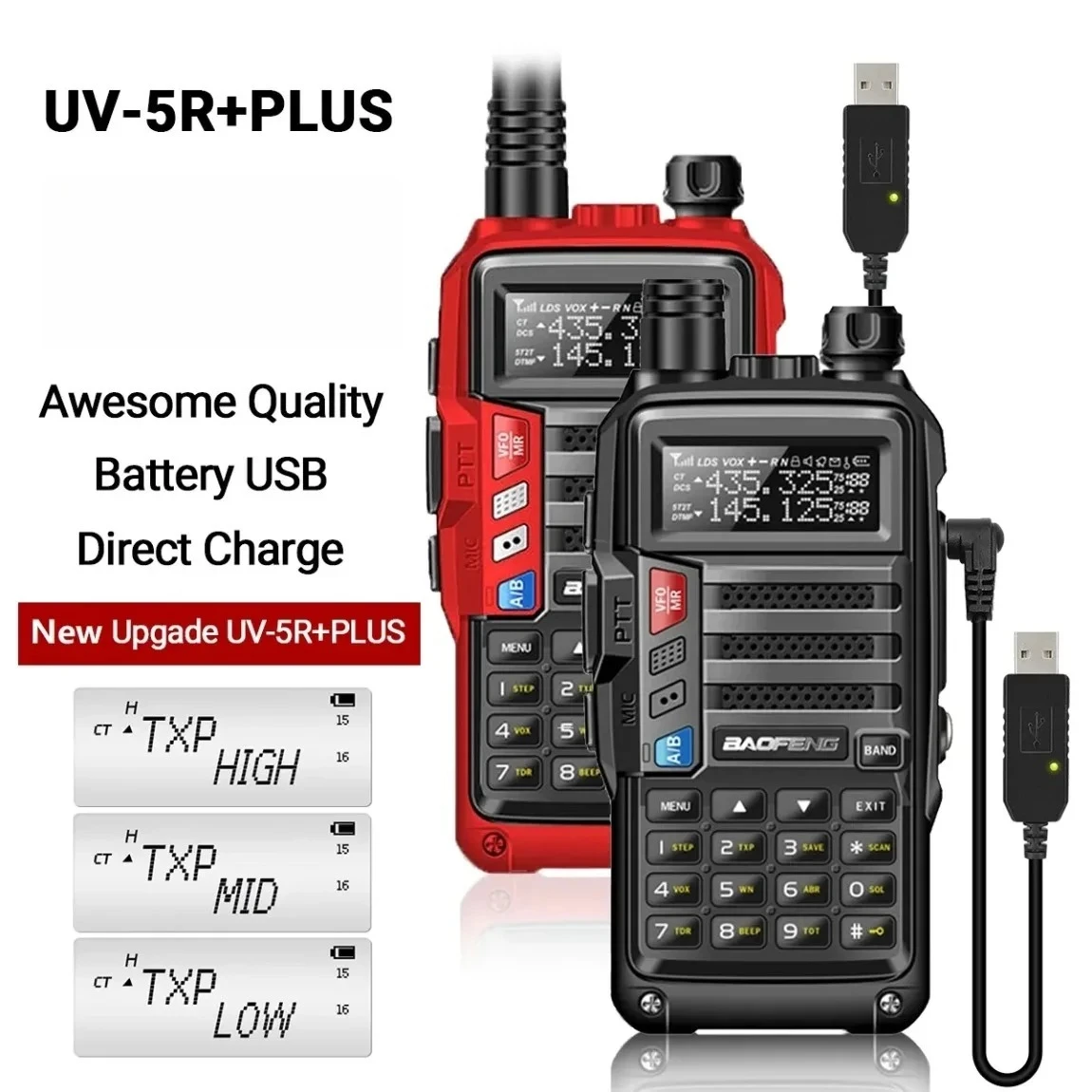 

Baofeng UV-5R Plus UHF/VHF Tri-Power Walkie Talkie 50 KM USB Long Range Upgrade of UV 5R UV-10R S9 Plus Two Way Radio