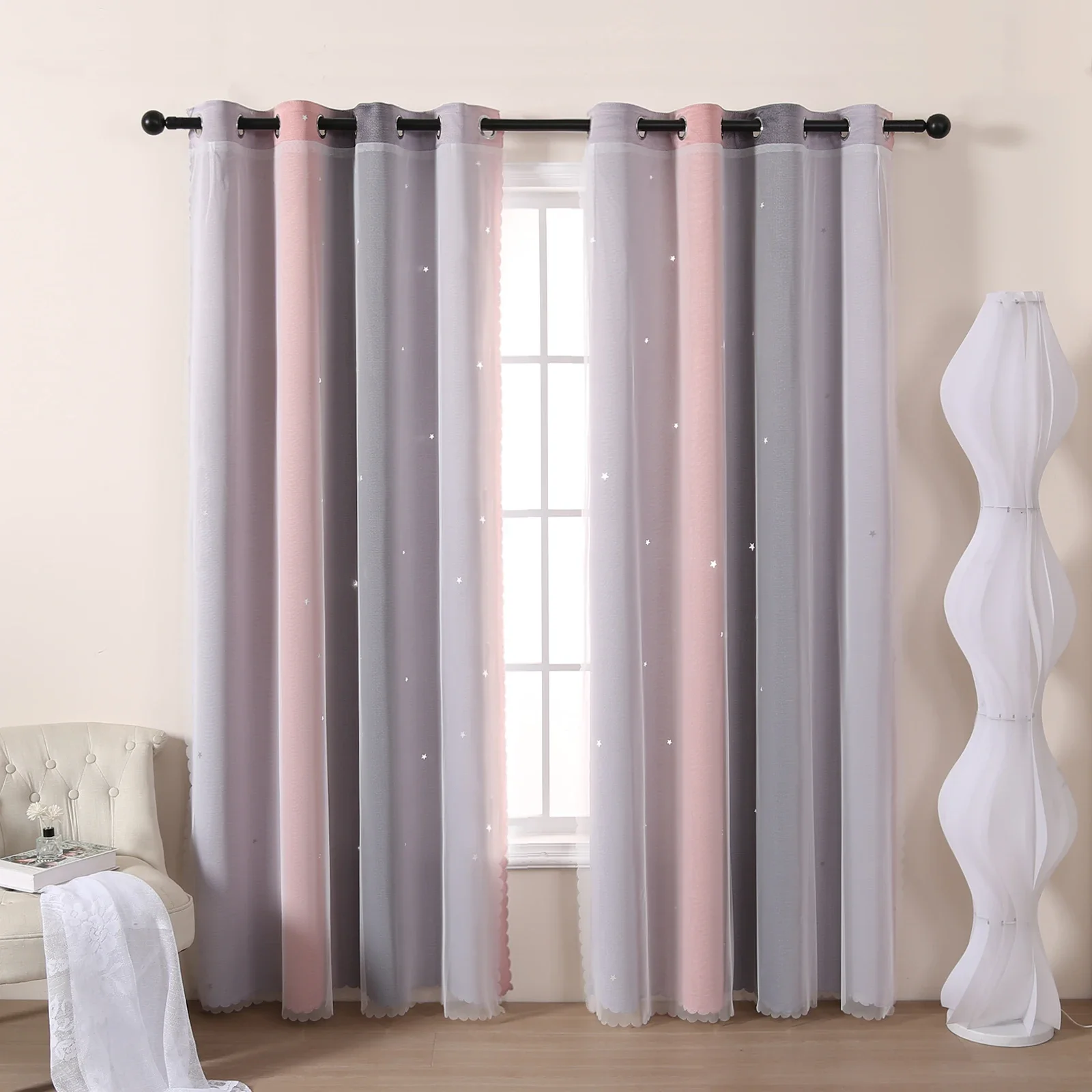 Grey and Pink Gradient Hollow Out Stars Perforated Curtains, Girls Bedroom Living Room Semi-Blackout Decorative Curtains