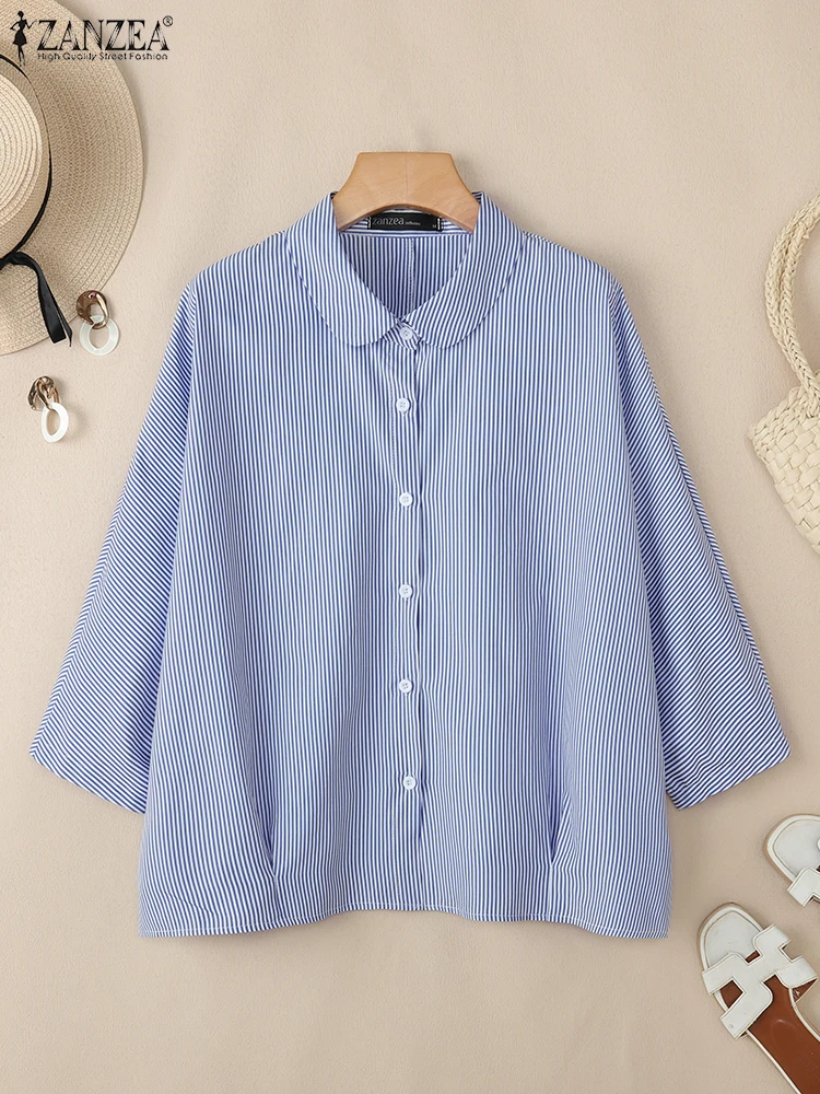 

Spring 2026 Women Casual Chic Striped Shirts Turn Down Collar 3/4 Sleeve Button Up Shirt Fashion ZANZEA Woman Clothes Streetwear