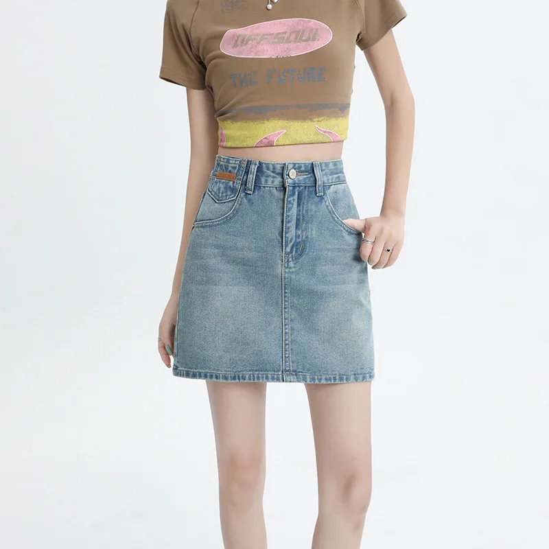 

Nostalgic Blue Denim Short Skirt for Women in Summer Anti Glare Belt with Versatile Lining A-line Slimming Spicy Girl Wrap Skirt