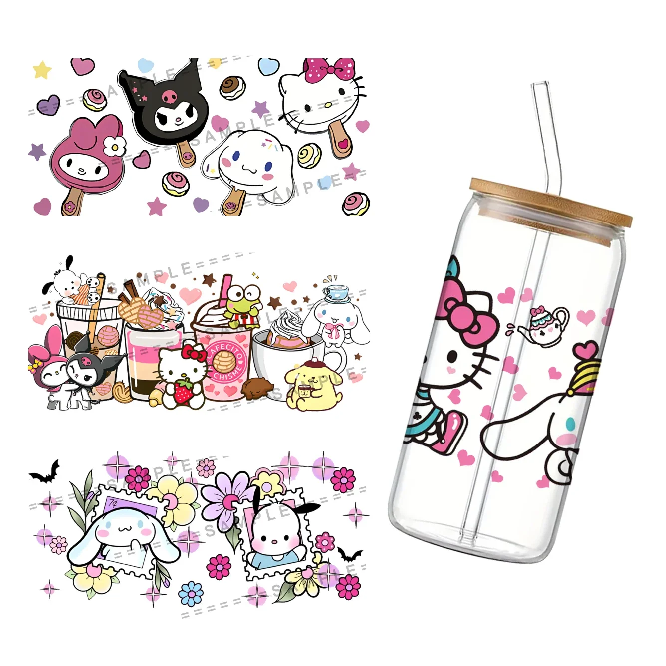 Sticker Uv Dtf Overdracht Sanrio Schattige Karakters Voor 16Oz Wrap Glazen Bekers Hoge Temperatuur Weerstand Diy Waterdichte Aangepaste Stickers