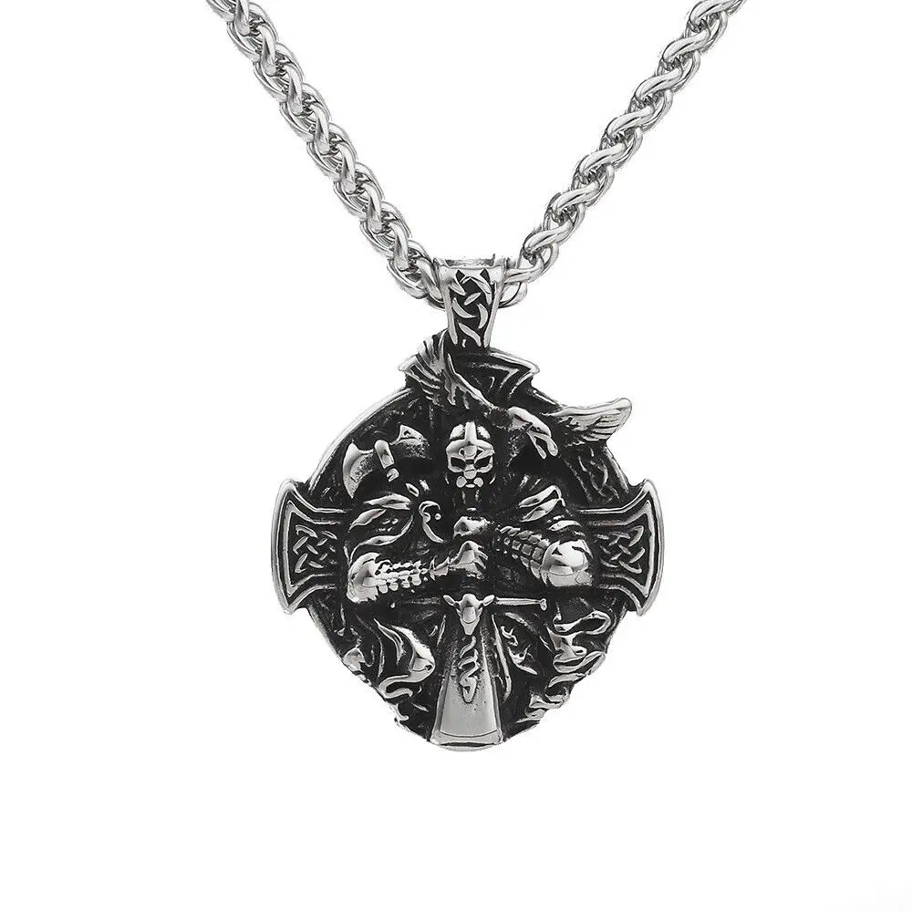 

Mens Vintage Stainless Steel Viking Norse Axe Odin Raven Cross Pendant Necklace Chain Jewelry