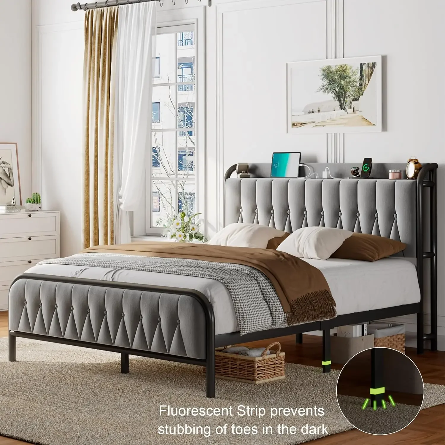 Feonase-Queen Bed Frame com Tipo-C e Porta USB, Metal Plataforma Camas, Veludo Estofados Cabeceira, Footboard, 12 polegadas