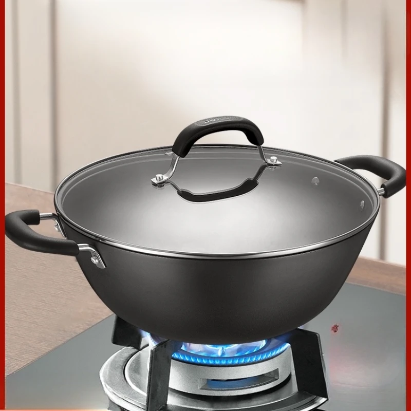 Binaural Large Iron Wok Non-stick Household Old-fashioned Cast Iron Pan Uncoated Induction Cooker Special Wok Double Boiler