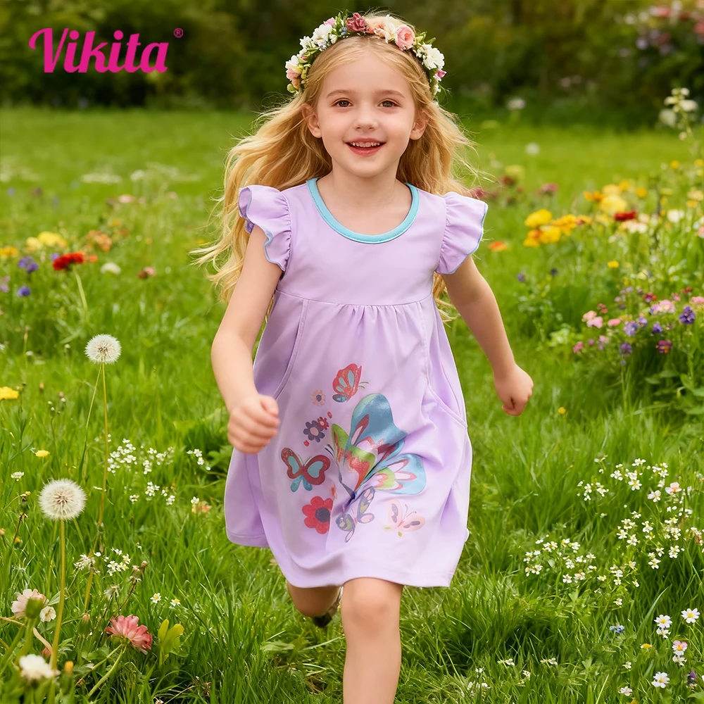 Mädchenkleid mit buntem Schmetterlingsdruck, Kinderkleid mit Rüschenärmeln, Baumwolle, lässig, lila, Sommerkleider, gerade geschnittene Kinderkleider mit Taschen