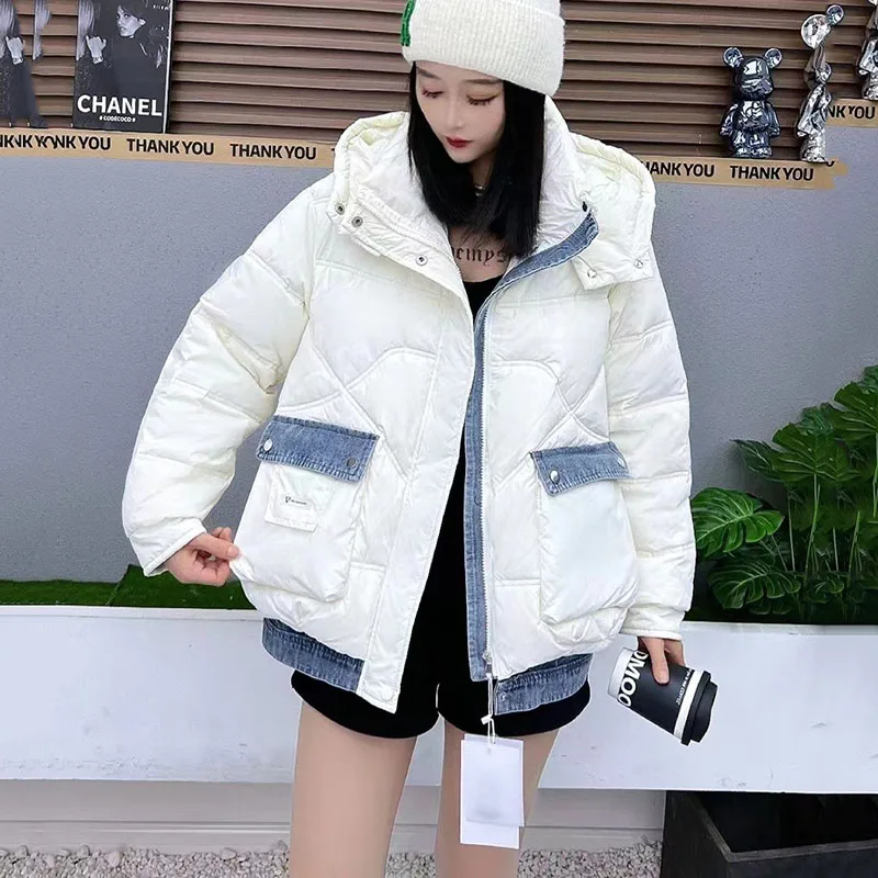 Jaqueta jeans feminina com emenda, jaquetas quentes, casaco de pato branco 90%, casacos femininos com capuz frio, novo, outono, inverno