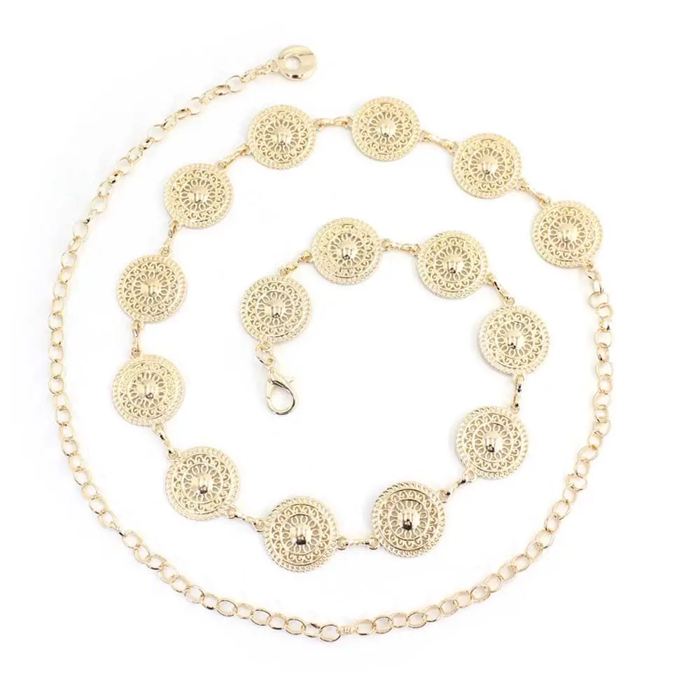 Elegant Round Metal Belt For Women Retro Gold Silver Carved Hollow Out Chain Long Belts Dress Decorative Lady Waistband