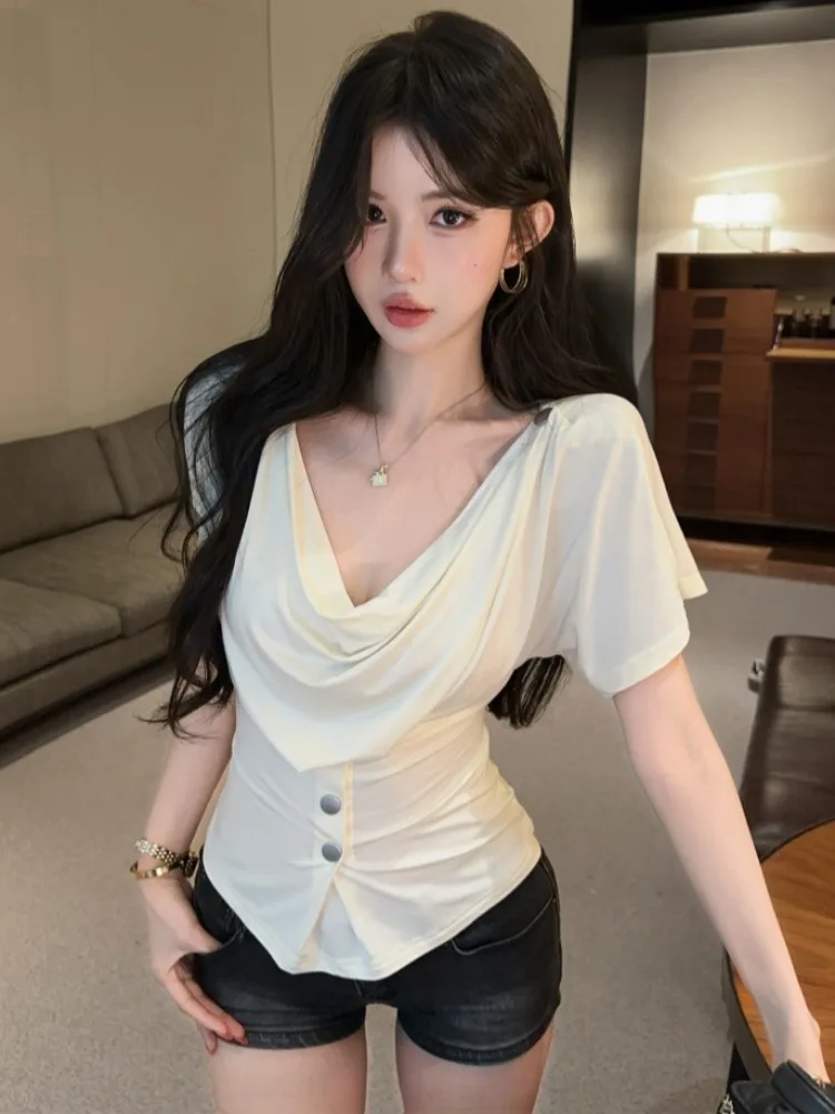 

Korean Style Short Sleeve Short T-Shirt Women's Slim Fit Summer New Style Spicy Girl Swing Collar Two-Way Wear Slimming Top