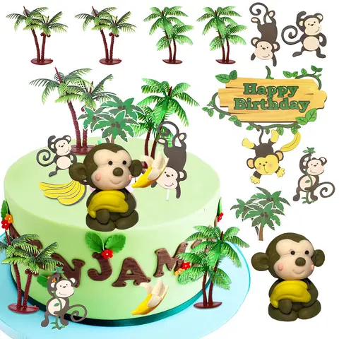 Monkey Cake Topper with Coconut Trees Banana Cake Decoration for Jungle Safari Animal Themed Birthday Baby Shower Party Supplies