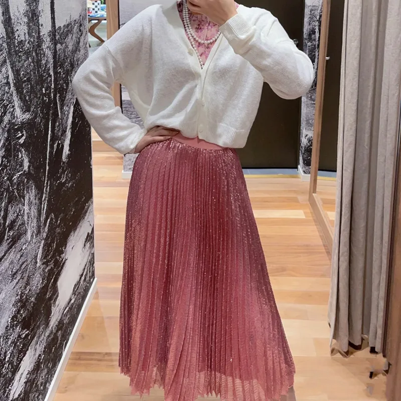 

2023 Summer Women Pink Skirt High Waist Layered Ruffle Elegant Office Ladies Skirt