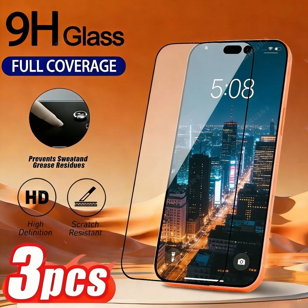 

Комплект из 3 защитных стекол Full Cover для iPhone 17, 16, 15, 14 Pro Max, 17e, 16e, Air, 15, 14 Plus, 13, 12, 11 Pro – Защита экрана от царапин