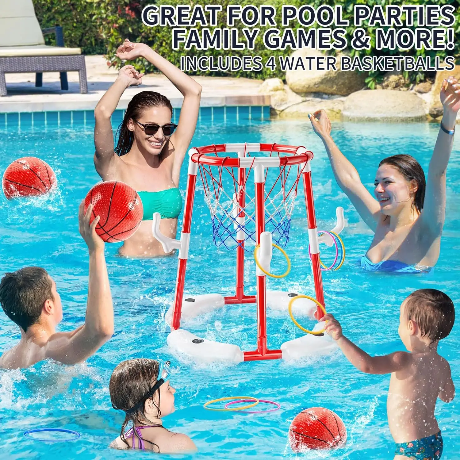 Aro de baloncesto flotante dos en uno para piscina, juego de baloncesto acuático al aire libre, adecuado para la familia, juguete de baloncesto acuático al aire libre